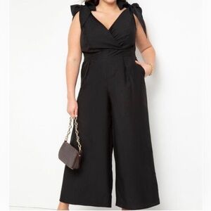Eloquii tie strap wide leg jumpsuit black